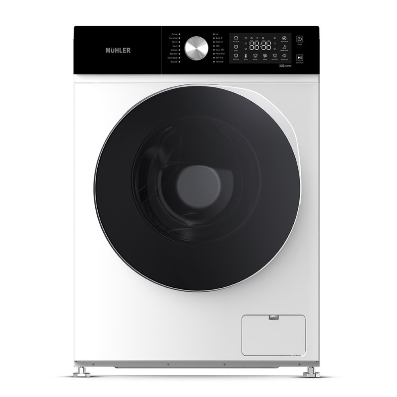 Пералня с предно зареждане Muhler IWM6100NWA, Клас A, 6 кг, 16 програми, 1000 об/мин, Инверторна, LED, Пране с пара, Бял/Черен