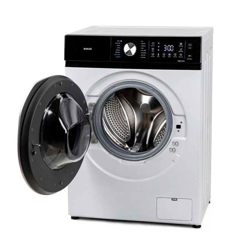 Пералня с предно зареждане Muhler IWM7140NWA, Клас А, 7 кг, 1400 об/мин, Инверторна, LED, Пране с пара, Бял/черен