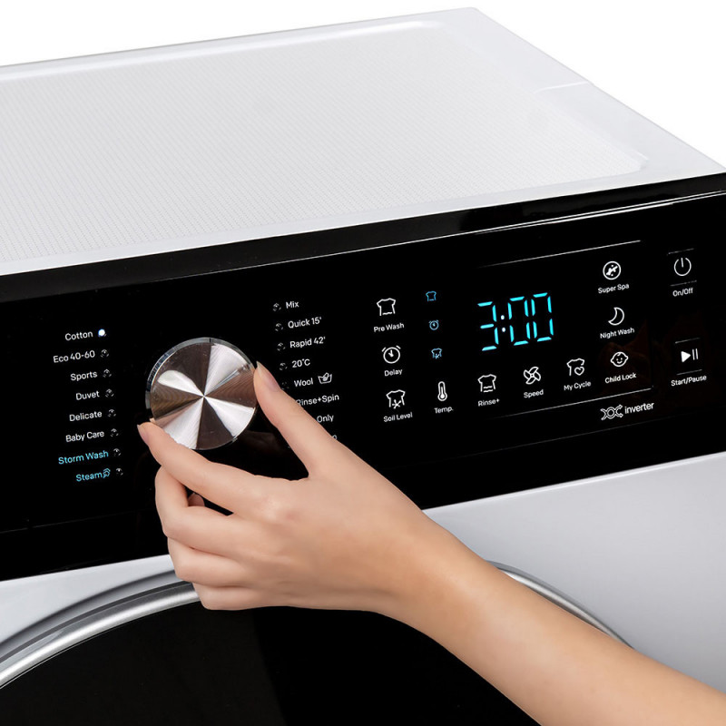 Пералня с предно зареждане Muhler IWM7140NWA, Клас А, 7 кг, 1400 об/мин, Инверторна, LED, Пране с пара, Бял/черен