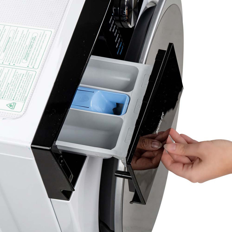 Пералня с предно зареждане Muhler IWM7140NWA, Клас А, 7 кг, 1400 об/мин, Инверторна, LED, Пране с пара, Бял/черен