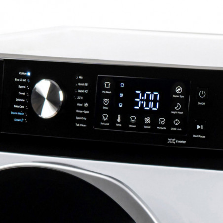 Пералня с предно зареждане Muhler IWM7140NWA, Клас А, 7 кг, 1400 об/мин, Инверторна, LED, Пране с пара, Бял/черен