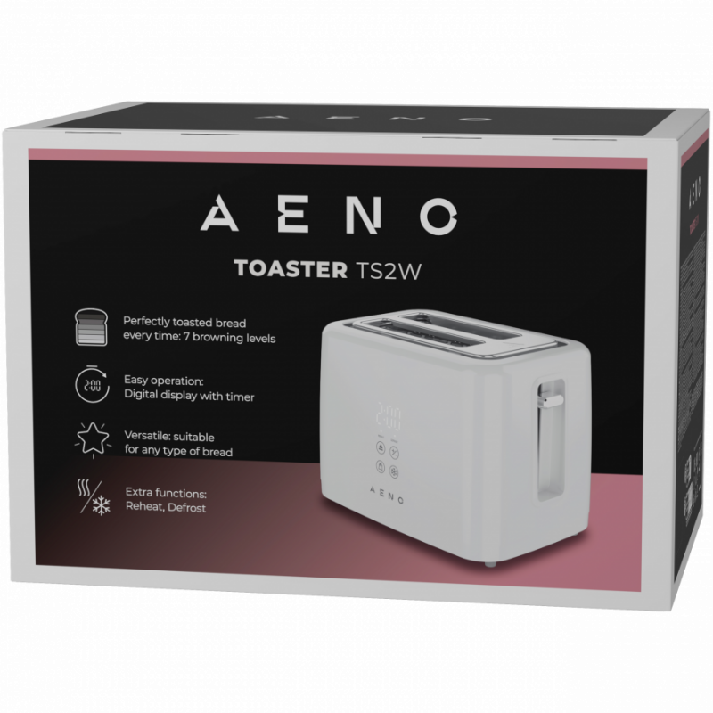 Тостер за хляб AENO ATS0002W, 930W, 7 степени, Сензорно управление, Обратен таймер, Защита при засядане, Тих, Бял
