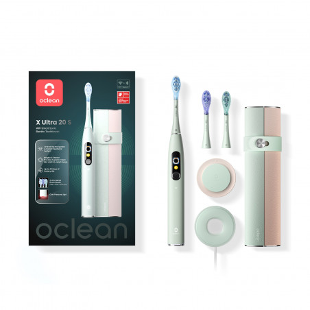 Електрическа четка за зъби Oclean X Ultra 20 S, 84000 об/мин, AI, Интелигентни сензори, Bluetooth, Wi-Fi, Адаптация към ортодонтско лечение, LED, 3 глави, Зелен