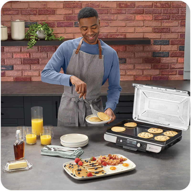 Електрически грил Ninja Sizzle Pro XL GX101EU, 1800W, 120°-260°C, 2 керамични плочи, 10 бургера, ProTemp IQ, Сваляем капак, Черен/инокс