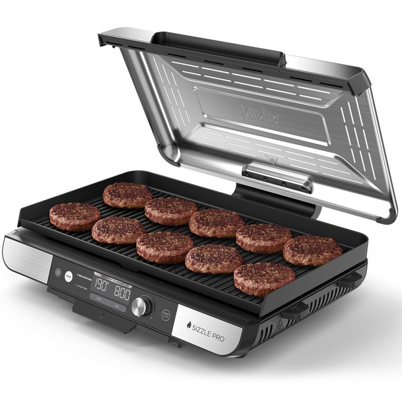 Електрически грил Ninja Sizzle Pro XL GX101EU, 1800W, 120°-260°C, 2 керамични плочи, 10 бургера, ProTemp IQ, Сваляем капак, Черен/инокс
