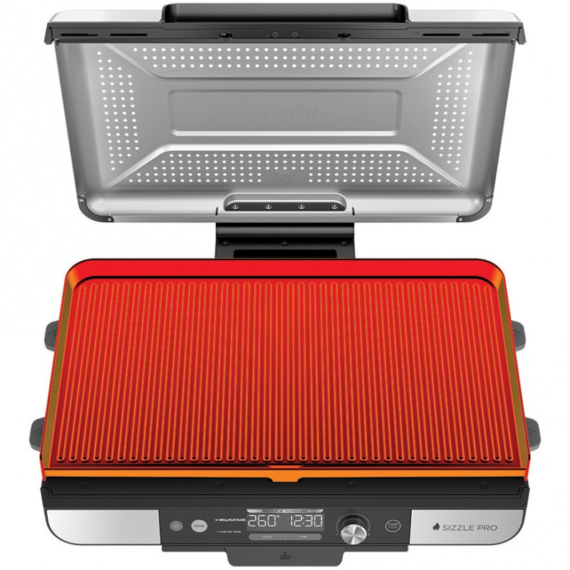 Електрически грил Ninja Sizzle Pro XL GX101EU, 1800W, 120°-260°C, 2 керамични плочи, 10 бургера, ProTemp IQ, Сваляем капак, Черен/инокс