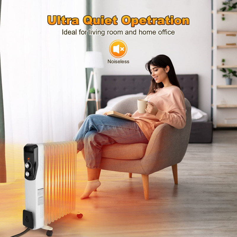 Маслен радиатор Sailnovo NSC-250-11F1, 2500W, 11 ребра, 30 м2, 3 степени, Въртящи се на 360 колелца, 10-35C, Бял