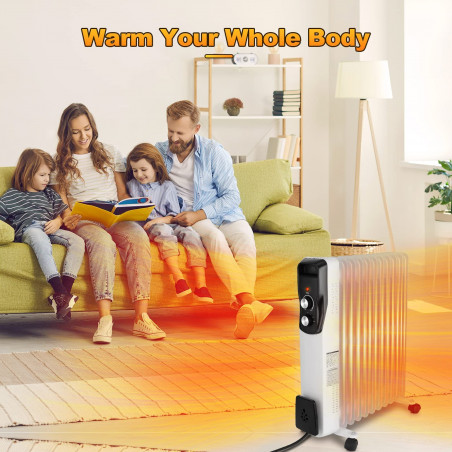 Маслен радиатор Sailnovo NSC-250-11F1, 2500W, 11 ребра, 30 м2, 3 степени, Въртящи се на 360 колелца, 10-35C, Бял