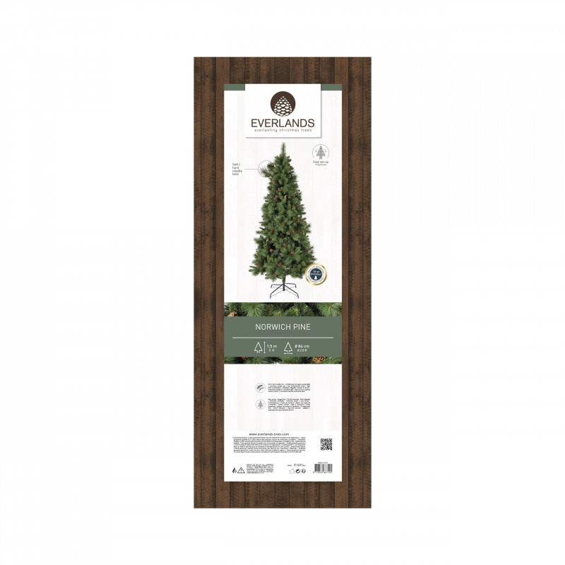Изкуствена елха с шишарки Everlands Norwich Pine, 150 см, 446 клони, Метална стойка, Зелен