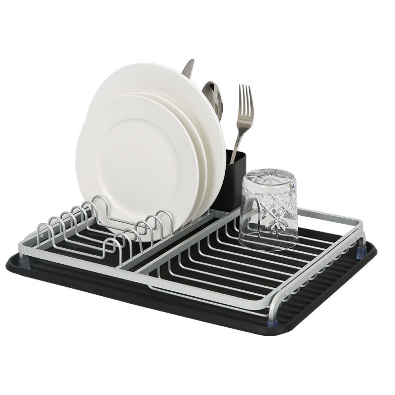 Сушилник за съдове Luigi Ferrero FR-3932A, 43x32x12 см, Устойчив срещу корозия, Стойка с 3 отделения, Табла за отцеждане, Черен/сребрист