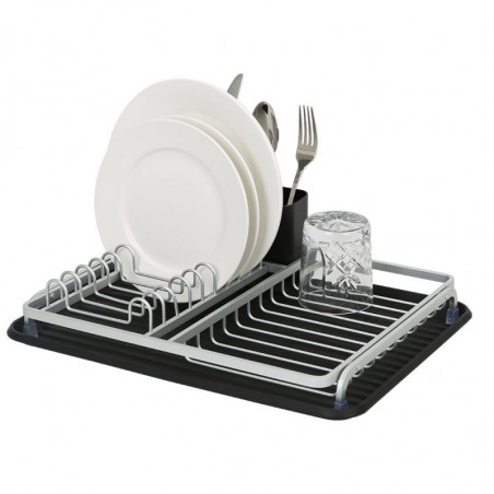 Сушилник за съдове Luigi Ferrero FR-3932A, 43x32x12 см, Устойчив срещу корозия, Стойка с 3 отделения, Табла за отцеждане, Черен/сребрист
