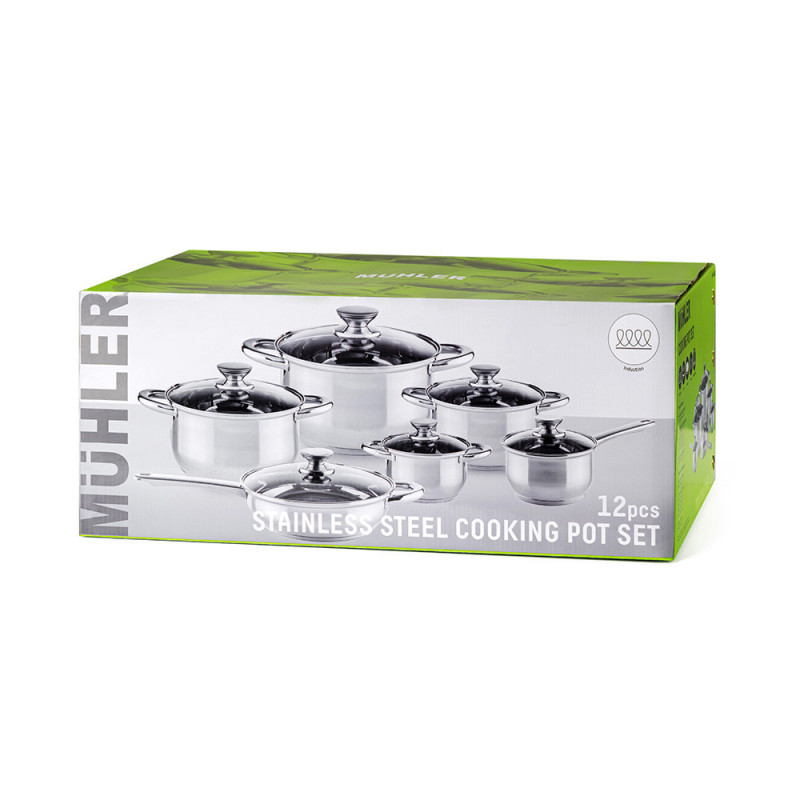 Комплект съдове за готвене Muhler MR-1242, 12 части, Неръждаема стомана, Трислойно дъно, Индукция, Сребрист