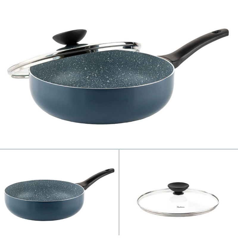 Дълбок тиган с капак Luigi Ferrero Prima FR-2634L, 26x7.5 см, 3.4 л, Незалепващо покритие, Стъклен капак с отвор за пара, Индукция, Тъмносин