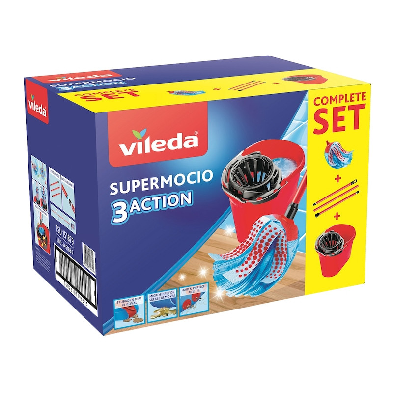 Комплект за почистване на под Vileda Super Mocio, 3 части, 10 л, Отцеждащ механизъм, Червен