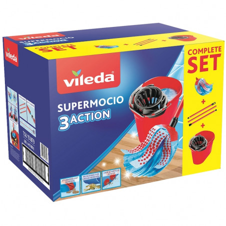 Комплект за почистване на под Vileda Super Mocio, 3 части, 10 л, Отцеждащ механизъм, Червен