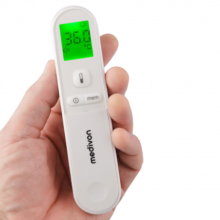 Безконтактен термометър Medivon Timi Smart Verona, Инфрачервен, За деца, Измерване за 1 секунда, Памет, Цветова индикация, LCD, Звук, Лазер, Бял