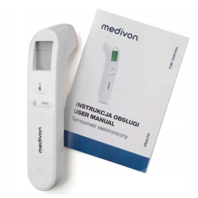 Безконтактен термометър Medivon Timi Smart Verona, Инфрачервен, За деца, Измерване за 1 секунда, Памет, Цветова индикация, LCD, Звук, Лазер, Бял