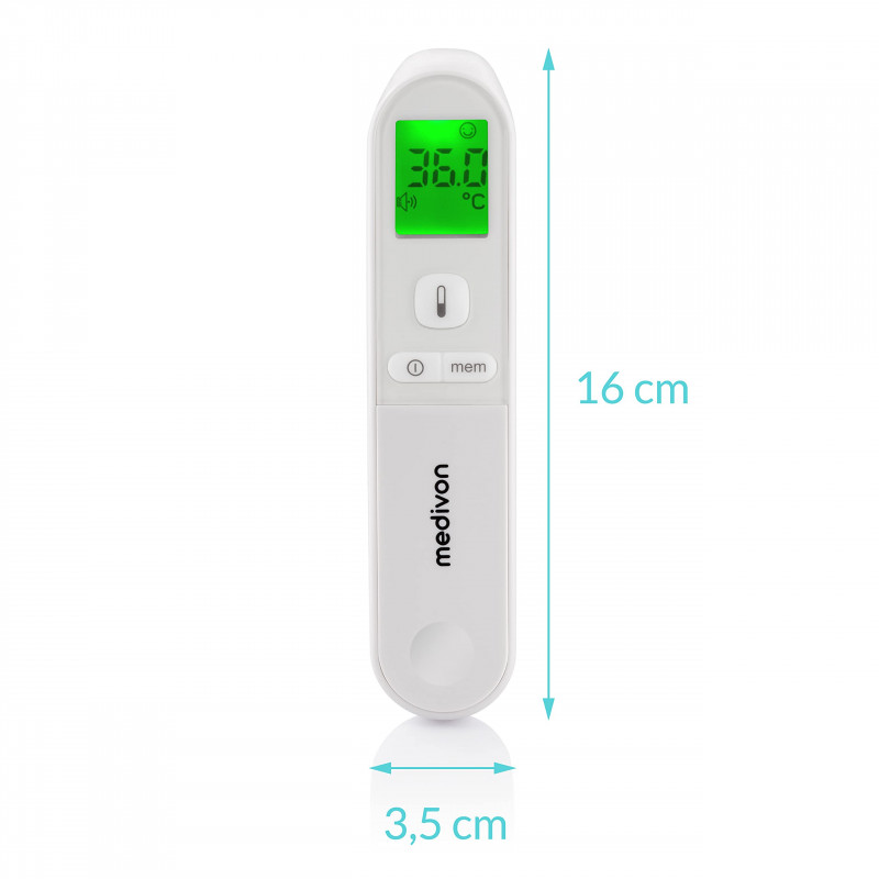 Безконтактен термометър Medivon Timi Smart Verona, Инфрачервен, За деца, Измерване за 1 секунда, Памет, Цветова индикация, LCD, Звук, Лазер, Бял