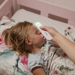 Безконтактен термометър Medivon Timi Smart Verona, Инфрачервен, За деца, Измерване за 1 секунда, Памет, Цветова индикация, LCD, Звук, Лазер, Бял