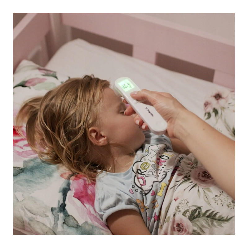 Безконтактен термометър Medivon Timi Smart Verona, Инфрачервен, За деца, Измерване за 1 секунда, Памет, Цветова индикация, LCD, Звук, Лазер, Бял