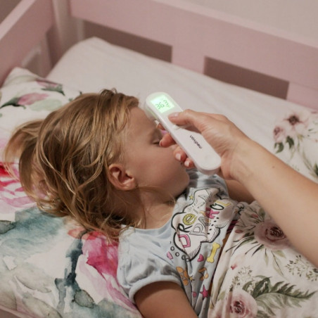 Безконтактен термометър Medivon Timi Smart Verona, Инфрачервен, За деца, Измерване за 1 секунда, Памет, Цветова индикация, LCD, Звук, Лазер, Бял