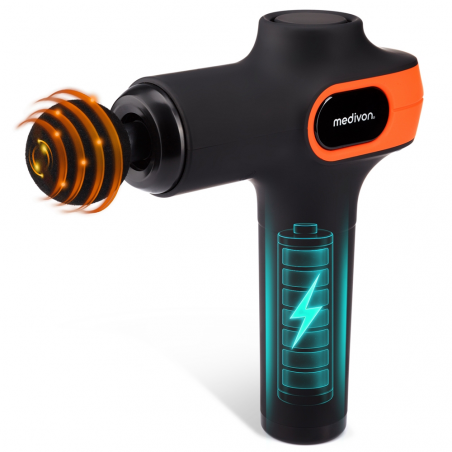Масажен пистолет Medivon Gun Vital, 18W, Перкусионен/вибрационен масаж, 6 масажни глави, Загряване, Лимфен дренаж, Стягане, Черен/оранжев