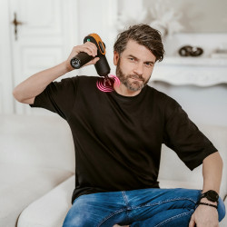 Масажен пистолет Medivon Gun Vital, 18W, Перкусионен/вибрационен масаж, 6 масажни глави, Загряване, Лимфен дренаж, Стягане, Черен/оранжев