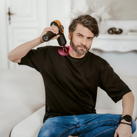 Масажен пистолет Medivon Gun Vital, 18W, Перкусионен/вибрационен масаж, 6 масажни глави, Загряване, Лимфен дренаж, Стягане, Черен/оранжев