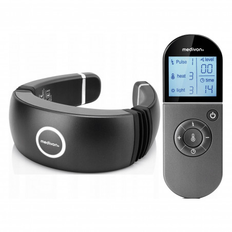 Масажор за шия Medivon Smart EMS, Електромускулна стимулация, 3D регулиране, 4 режима, Дистанционно, Затопляне, Таймер, Черен