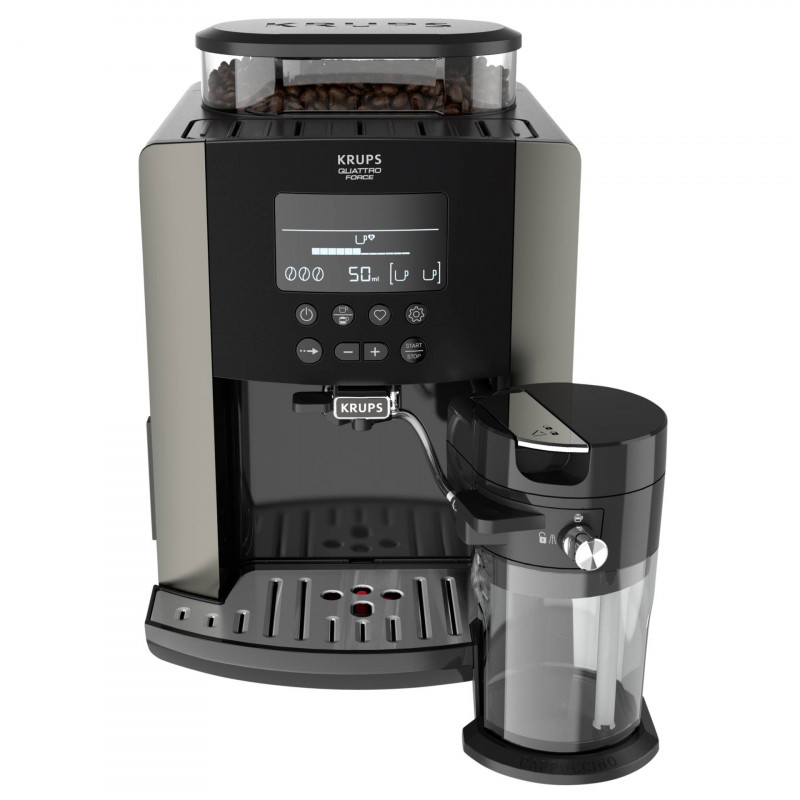 Кафеавтомат Krups Arabica Latte EA819E10, 1450W, 15 bar, 1.7 l, LCD, 5 програми, 3 функции, 3 настройки за темп. и аромат, Milk Comfort / One Touch Cappuccino, Черен