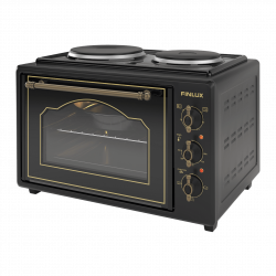 Малка готварска печка Finlux FMC-9705GB, 1600W, 45 л, Два котлона, Стъклена врата, Плавно затваряне, Ретро дизайн, Черен
