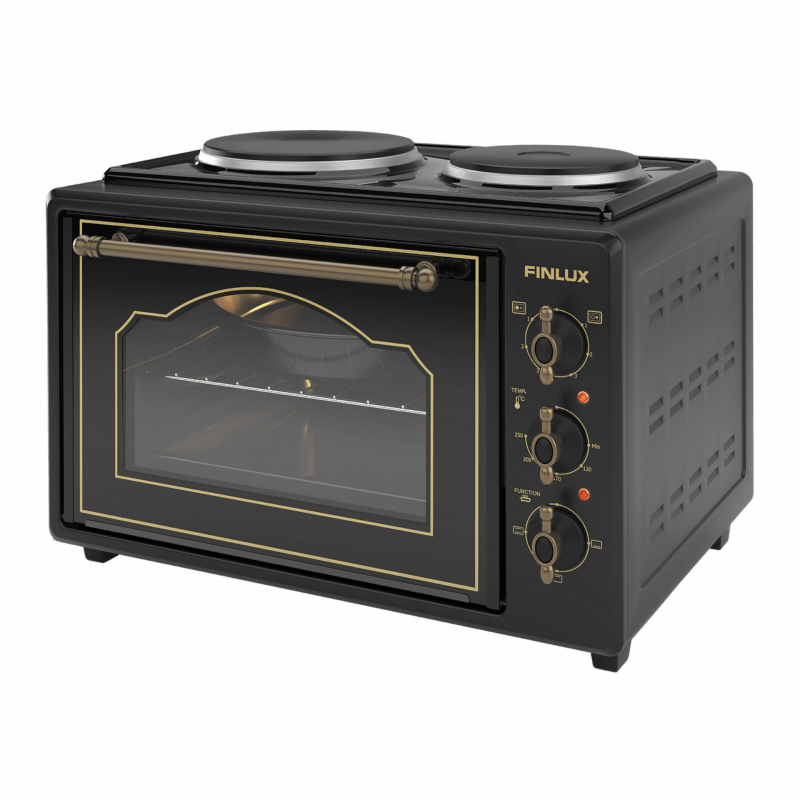 Малка готварска печка Finlux FMC-9705GB, 1600W, 45 л, Два котлона, Стъклена врата, Плавно затваряне, Ретро дизайн, Черен