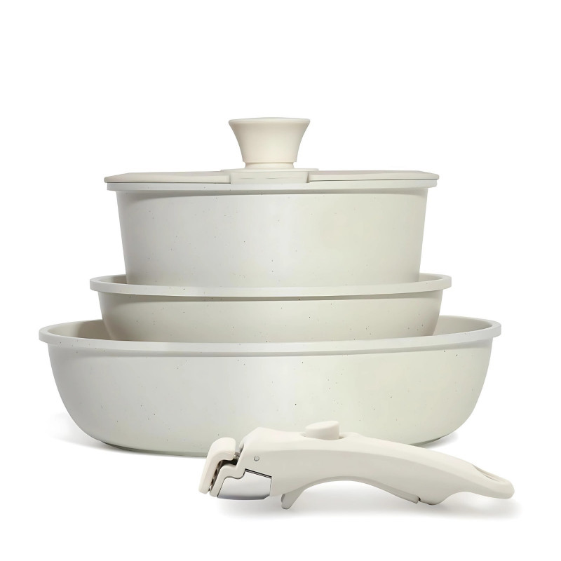 Комплект тенджера и тигани Goldmann GM-1005, 5 части, Универсална дръжка, Индукция, Мраморно покритие, Бежов