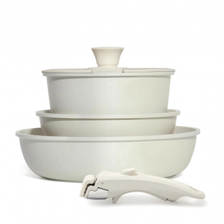 Комплект тенджера и тигани Goldmann GM-1005, 5 части, Универсална дръжка, Индукция, Мраморно покритие, Бежов