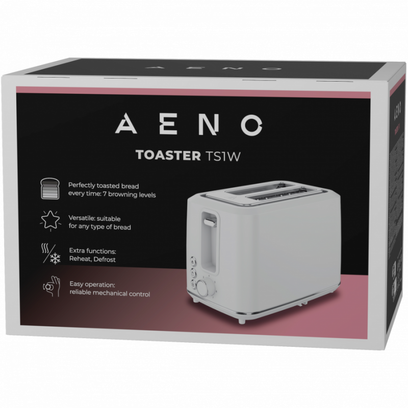 Тостер за хляб AENO ATS0001W, 930W, 7 степени, Сензорно управление, Обратен таймер, Защита при засядане, Тих, Бял