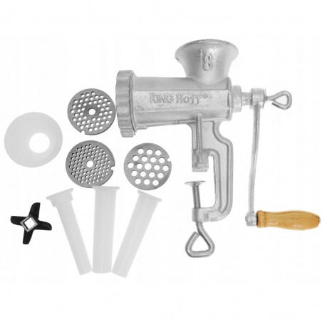 Ръчна месомелачка Kinghoff KH 1427, Размер 8, Лят чугун, 6 приставки, Сив