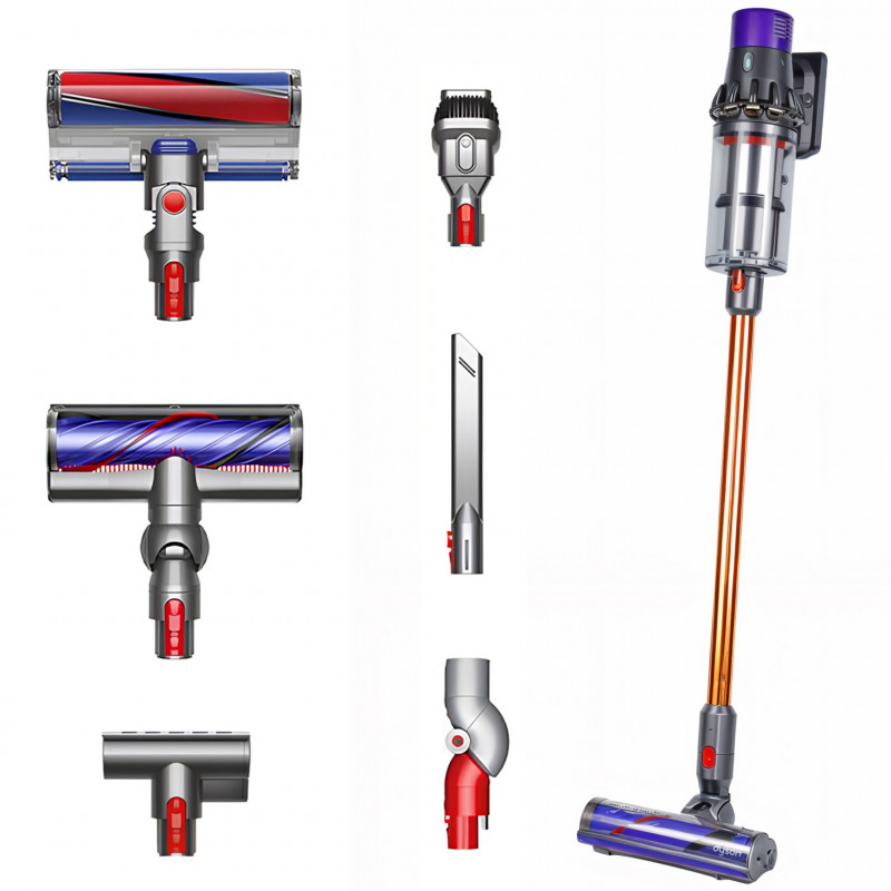 Вертикална прахосмукачка Dyson Cyclone V10 Absolute 448883-01, 150AW, 125000 об/мин, 0.77l, 60 мин, 3 режима, 2 Tier Cyclone™, HEPA, Тиха, Хигиенично изпразване, Без заплитане, Никел/оранжев