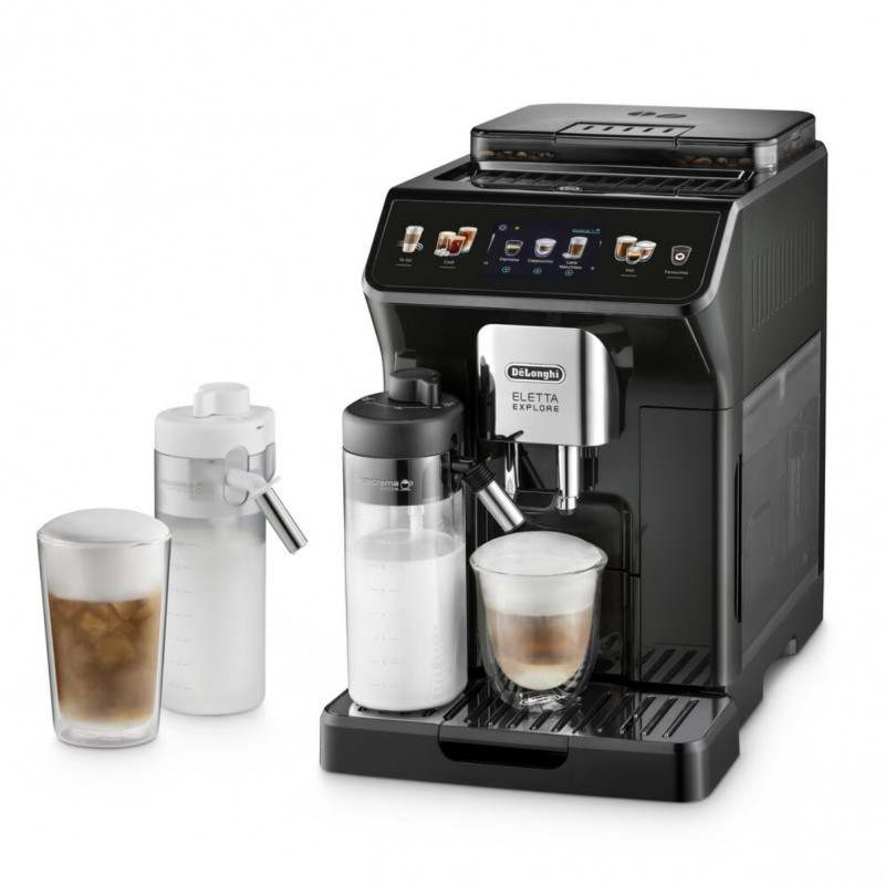 Кафеавтомат DeLonghi Eletta Explore ECAM450.65.G, 1450W, 19 bar, 1.8l, Wi-Fi, Сензорен TFT дисплей, LatteCrema hot/cool, Twin Shot, To-Go, +Мляно кафе, Черен/сив