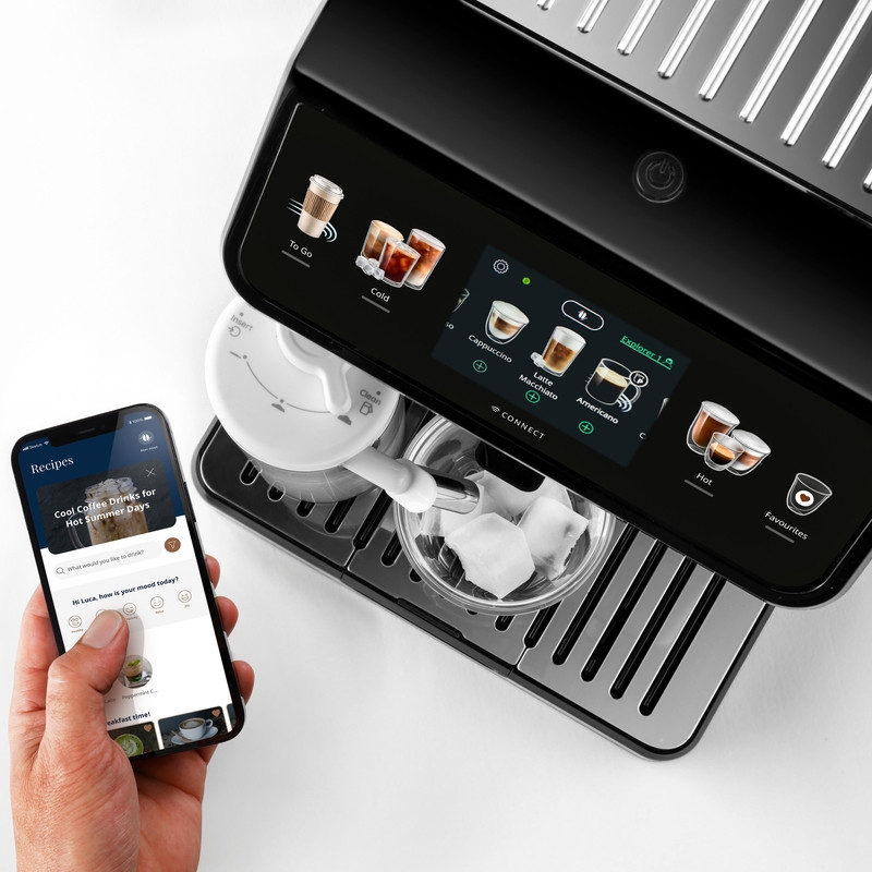 Кафеавтомат DeLonghi Eletta Explore ECAM450.65.G, 1450W, 19 bar, 1.8l, Wi-Fi, Сензорен TFT дисплей, LatteCrema hot/cool, Twin Shot, To-Go, +Мляно кафе, Черен/сив