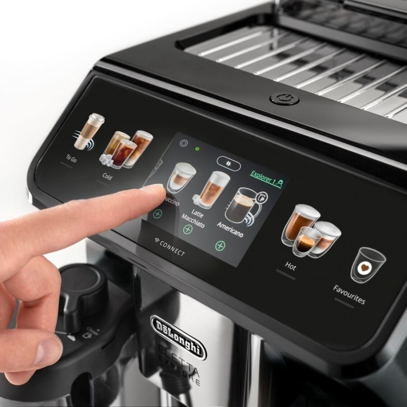 Кафеавтомат DeLonghi Eletta Explore ECAM450.65.G, 1450W, 19 bar, 1.8l, Wi-Fi, Сензорен TFT дисплей, LatteCrema hot/cool, Twin Shot, To-Go, +Мляно кафе, Черен/сив
