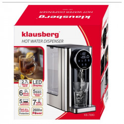 Диспенсър за гореща вода Klausberg KB 7880, 2600W, 2.7l, 40-100°C, 7 темп, Сензорен LED дисплей, Защита от деца, Памет настройки, Инокс/черен