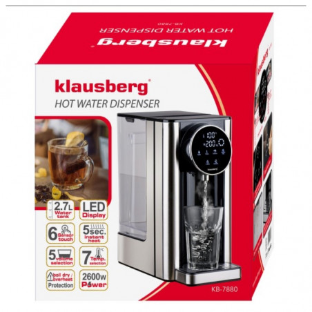 Диспенсър за гореща вода Klausberg KB 7880, 2600W, 2.7l, 40-100°C, 7 темп, Сензорен LED дисплей, Защита от деца, Памет настройки, Инокс/черен