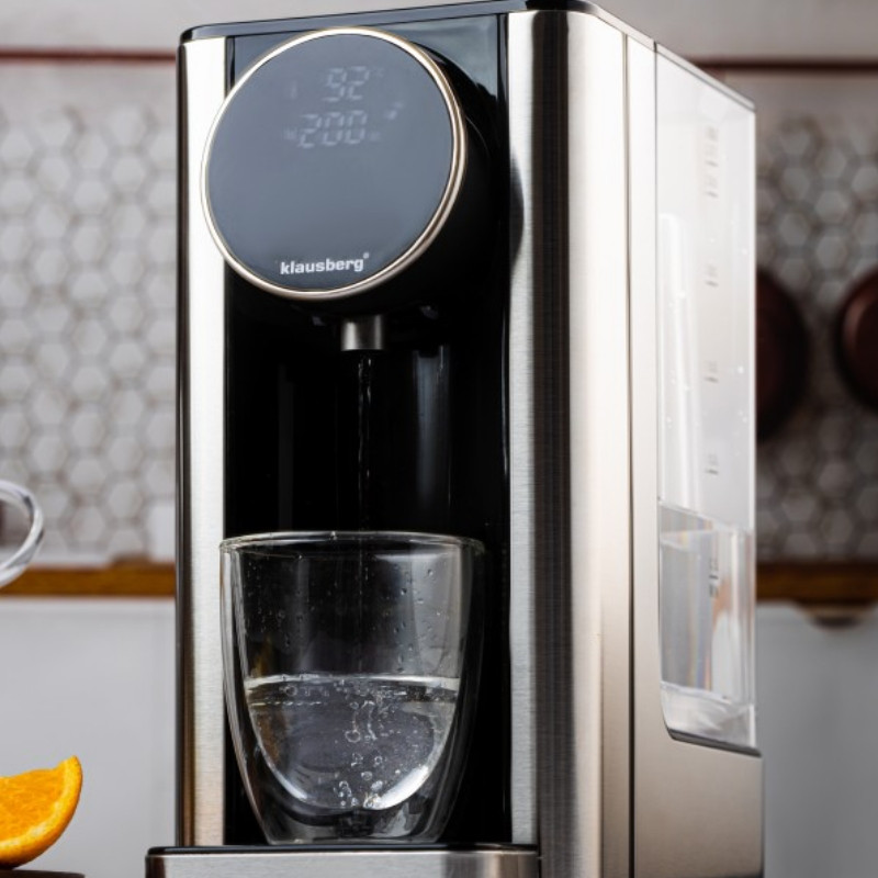 Диспенсър за гореща вода Klausberg KB 7880, 2600W, 2.7l, 40-100°C, 7 темп, Сензорен LED дисплей, Защита от деца, Памет настройки, Инокс/черен