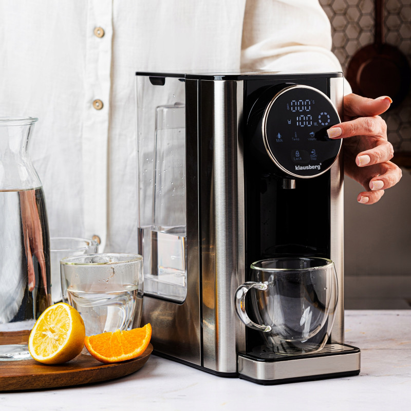 Диспенсър за гореща вода Klausberg KB 7880, 2600W, 2.7l, 40-100°C, 7 темп, Сензорен LED дисплей, Защита от деца, Памет настройки, Инокс/черен