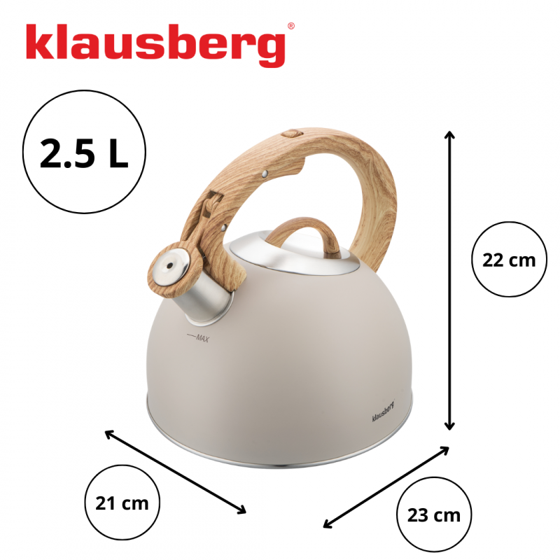 Свирещ чайник Klausberg KB 7913, 2.5 л, Дръжка с дървесен ефект, Индукция, Бежов