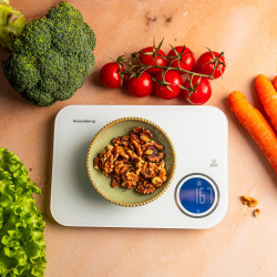 Кухненска везна Klausberg KB 7938, 5 Kg, Bluetooth, Мобилно приложение, LCD, ТАРА, 4 показателя, Течности, Индикатори, Бял/син