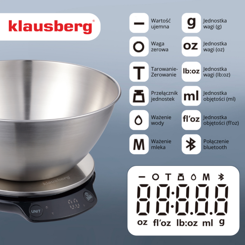 Кухненска везна с купа Klausberg KB 7939, 5 Kg, Bluetooth, Мобилно приложение, LED, ТАРА, Течности, 4 хранителни стойности, Инокс