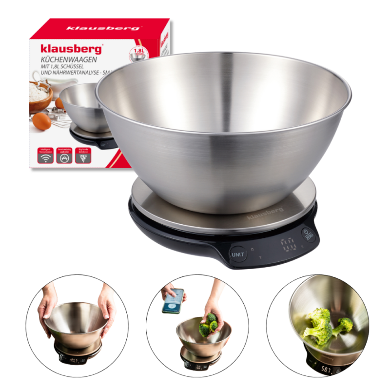 Кухненска везна с купа Klausberg KB 7939, 5 Kg, Bluetooth, Мобилно приложение, LED, ТАРА, Течности, 4 хранителни стойности, Инокс