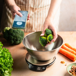 Кухненска везна с купа Klausberg KB 7939, 5 Kg, Bluetooth, Мобилно приложение, LED, ТАРА, Течности, 4 хранителни стойности, Инокс