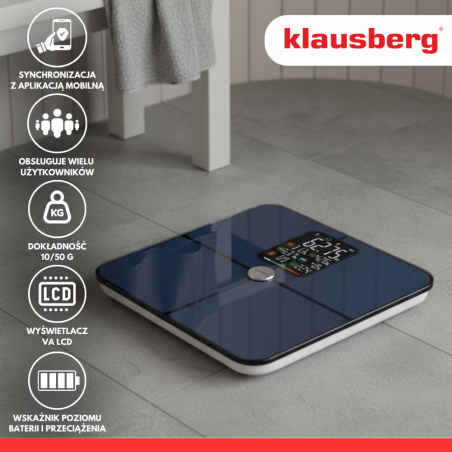 Дигитален кантар Klausberg KB 7940, 180 Kg, BIA, LCD, Bluetooth, 12 показателя, Закалено стъкло, Тъмносин